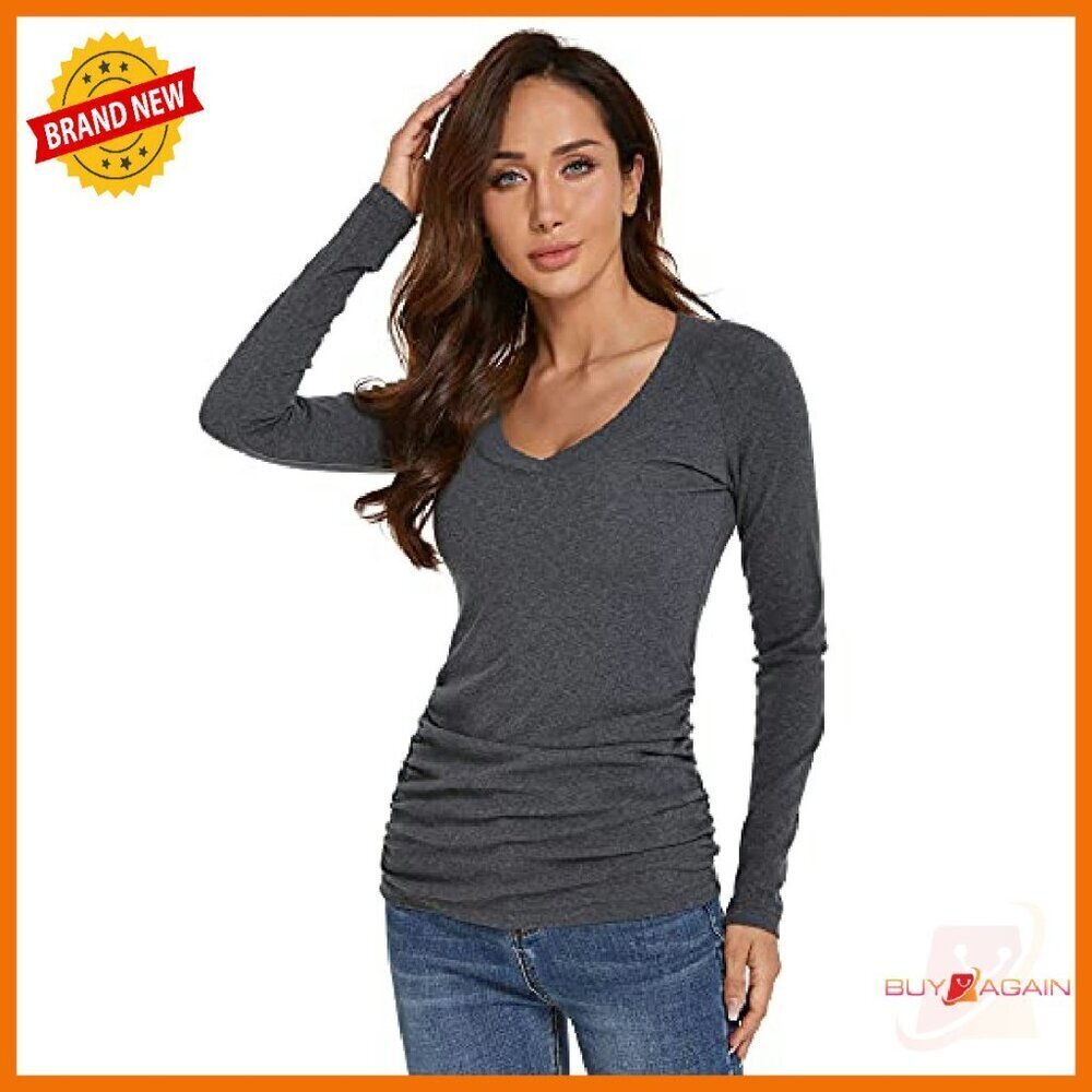 Slim Fit V-Neck Long Sleeve Top with Ruched Sides - Picture 3 of 8